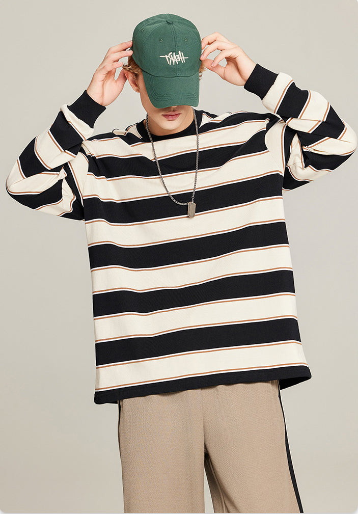 Pure cotton long sleeve striped T-shirt for men