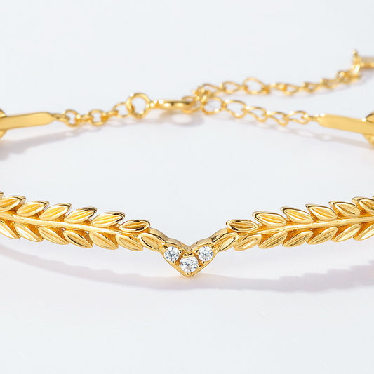 Olive Branch sterling Silver Plated Gold Zircon Leaf Bracelet Adjustable Women's