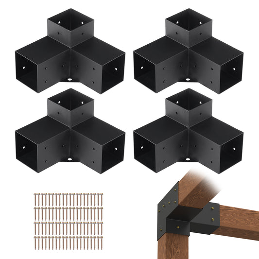 Pergola Bracket Kit 4''x4'', 4pcs 3-Way Heavy Duty Corner Bracket Woodworks DIY Post Base Kit, Easy Installation Wooden Beams for Gazebos, Patio Pergolas, Log Cabin Outdoor Pergola Hardware