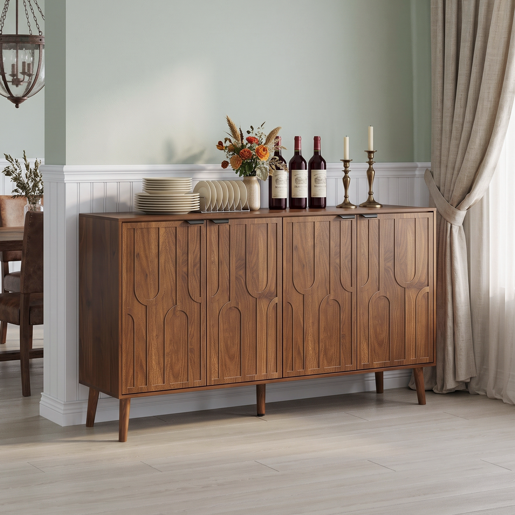 55-inch sideboard/serving cabinet, mid-century modern style wooden entryway cabinet, four-door storage unit with metal handles, sturdy solid wood legs, multi-functional decorative cabinet, suitable fo