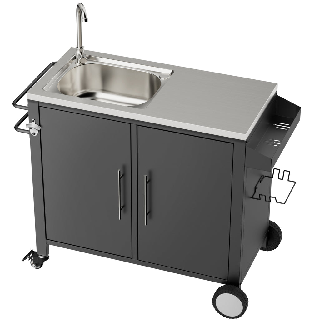 Outdoor Grill Table with Sink, Grill Cart with 304 Stainless Steel Sink and Cabinet, Outdoor Grill Cart,Outdoor Cart Sink Station with Wheels, L38' x W18' x H35'