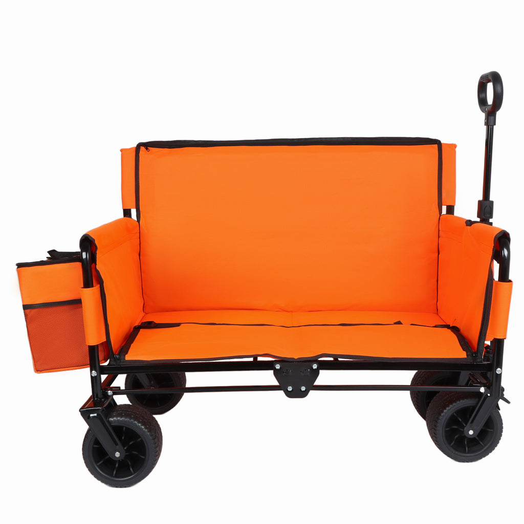 3-in-1 Folding Wagon Cart with Bench Seat, patent protection- Includes 1 ice pack, 500lbs Heavy-Duty Utility Wagon, 180L Capacity All-Terrain Wheels for Camping, Beach, Sports, Garden, orange