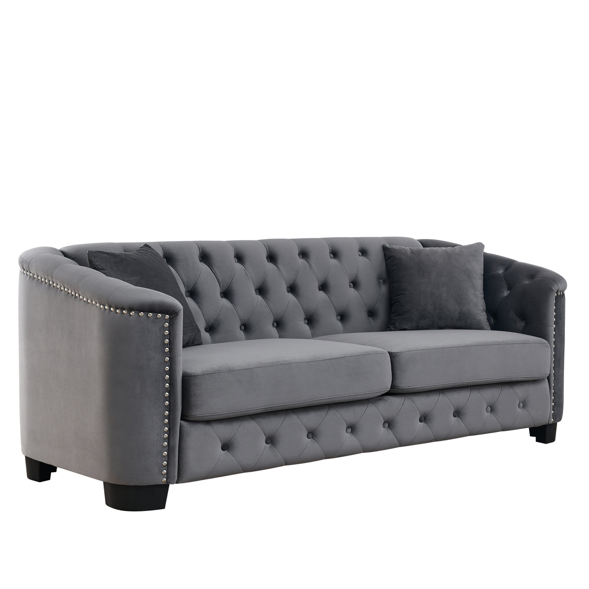 77-Inch Modern Chesterfield Velvet Sofa, 3-Seater with Tufted Backrest, Nailhead Trim Arms, Grey Velvet, Pine & Plywood Frame, 61.5in Seat Width