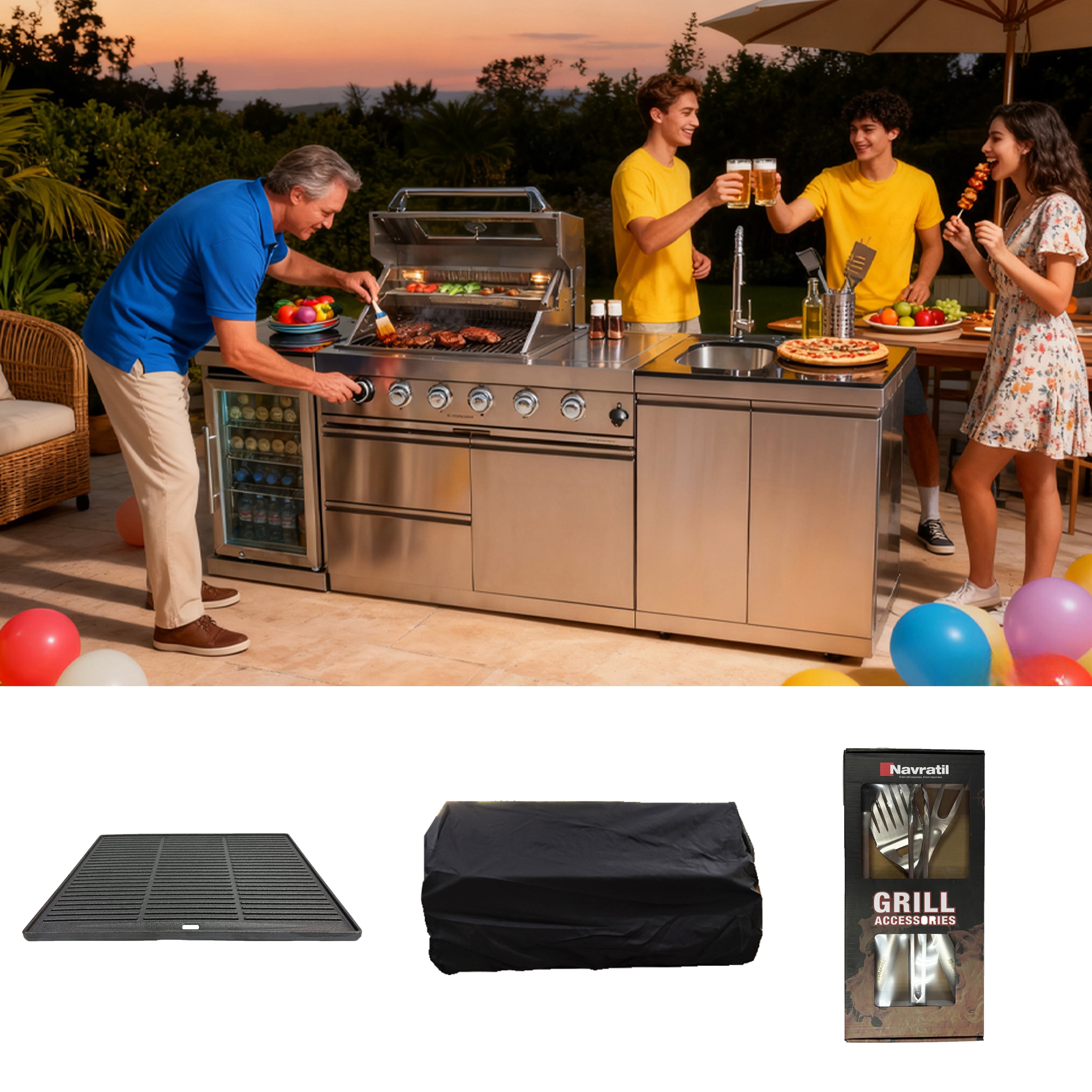 BBQ Tool Set , Outdoor Kitchen Accessory Kit , Rain Cover Dust Cover Cast iron frying pan Barbecue knife and fork set