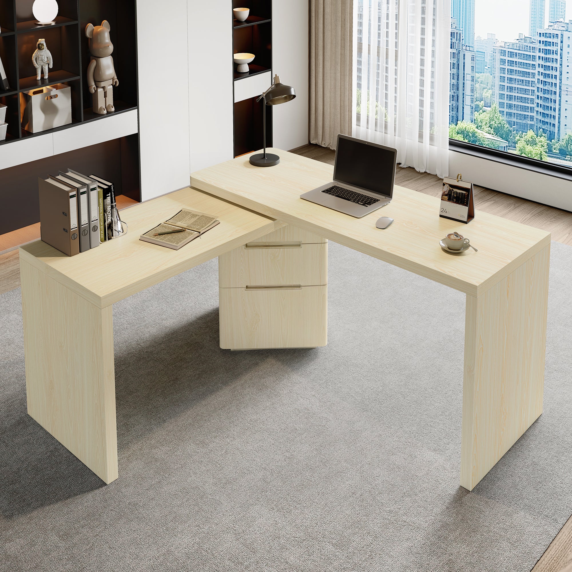 90' Modern L Shaped Desk in Natural Wood with 3 Drawers,360° Wood Rotating Desk,Executive Office Desk,Corner Desk,Office Study Workstation,for Home Office or Living Room