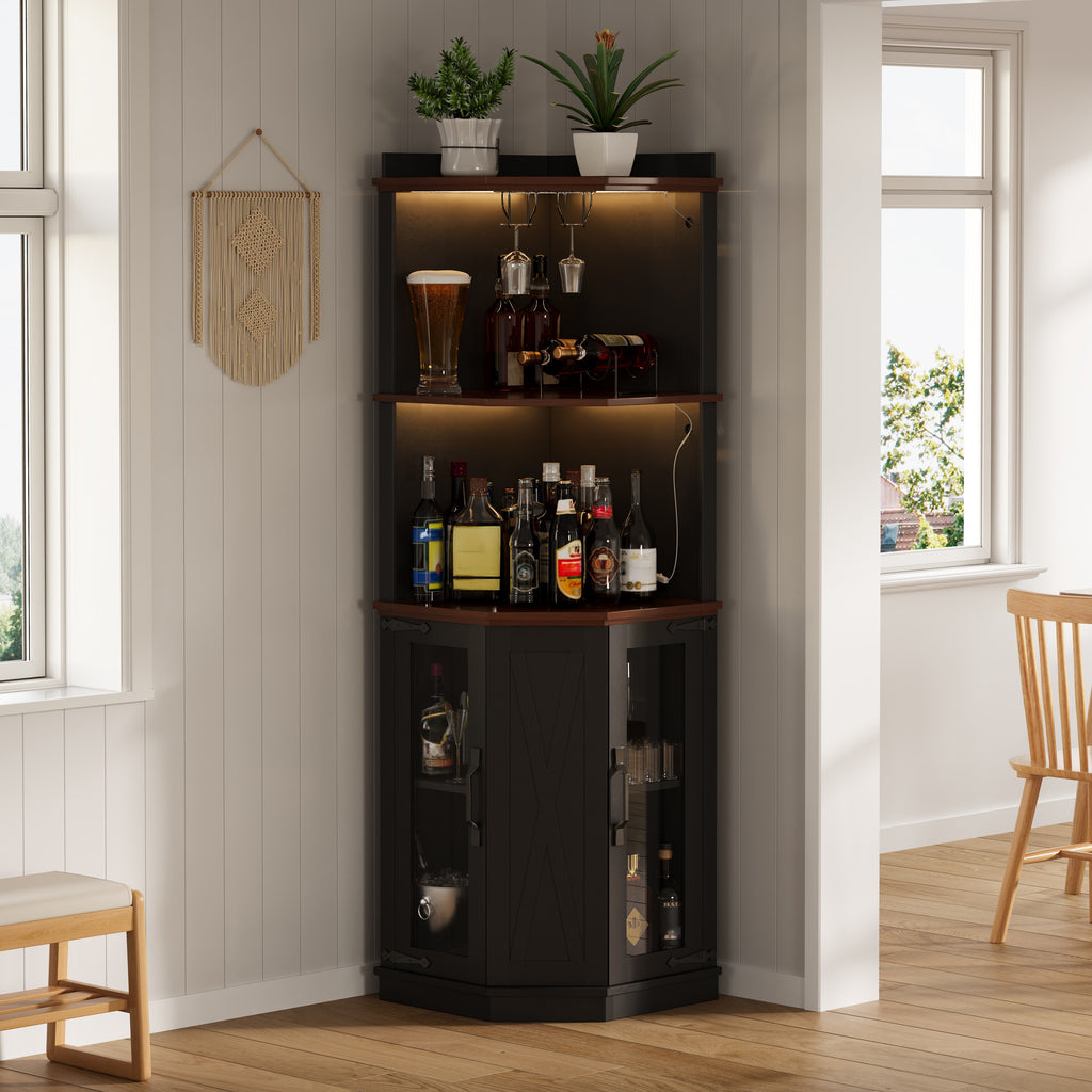67.3' Corner Bar Cabinet with Power Outlet, Farmhouse Wine Bar Cabinet with Adjustable Shelves for Home,with Lights & Glass Rack for Dining Room, Living Room, Kitchen