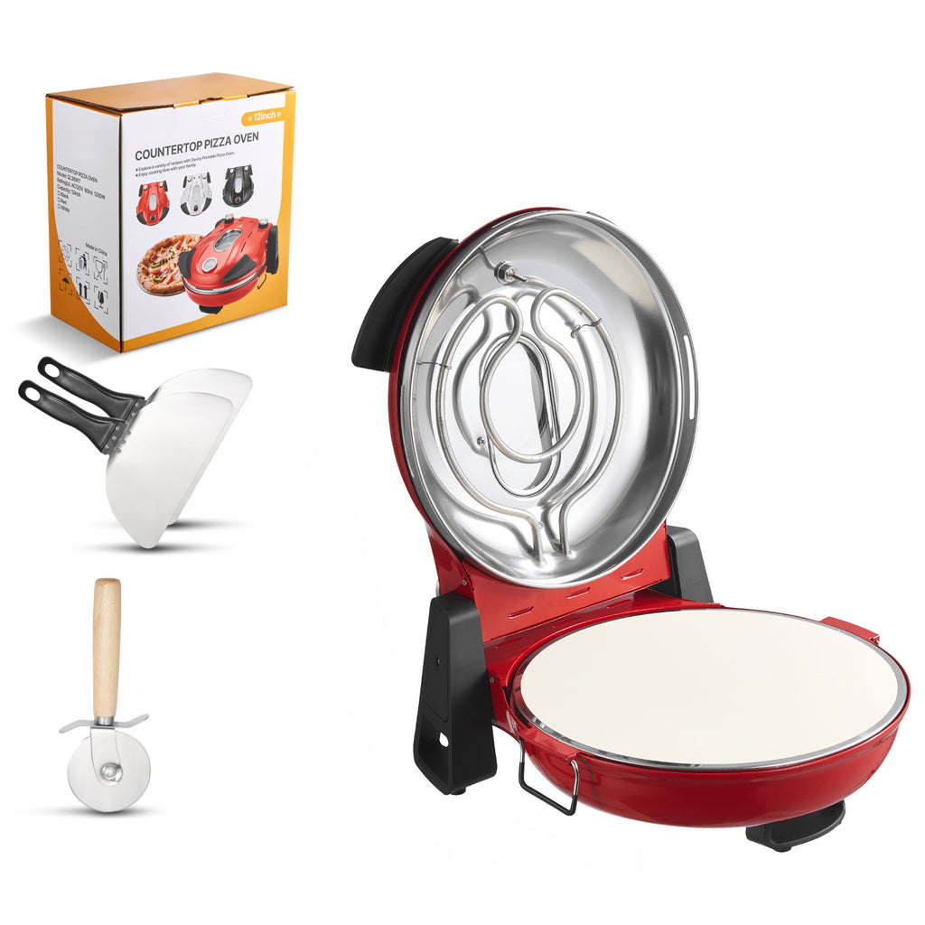 Pizza Oven, 12 in Electric Pizza Maker, 1200W Electric Pizzas Cooker with Cordierite Stone, 5-Mode Temperature Control, Viewing Window for Precise Cooking, Heats up to 788 ˚F, for Home (Red)