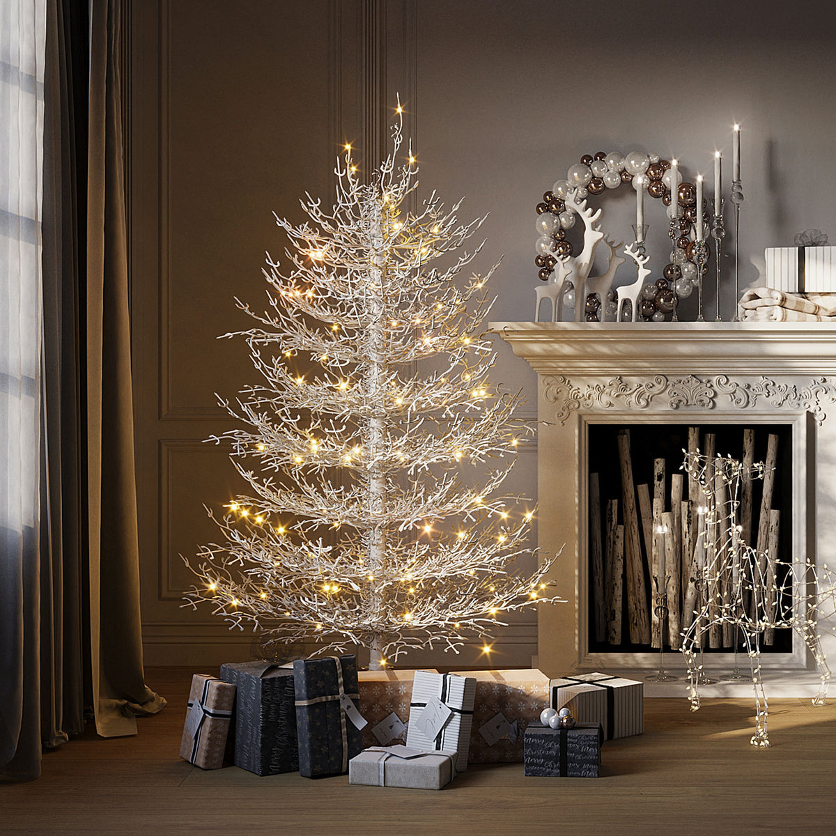 4FT Pre-lit  Aspen Fir  Artificial Christmas Tree, Hinged Xmas Tree 280 Branch Tips, 230 Warm White  LED Lights, Holiday Coral Christmas Tree for Home Party