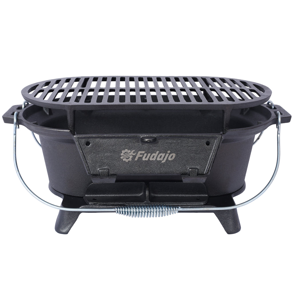 Oval Cast Iron Grill Outdoor, Portable Charcoal Grill and Tabletop Cast Iron Skillet - 100% Cast Iron, Durable, Small Charcoal Grill, Camping Stove, Hibachi Grill