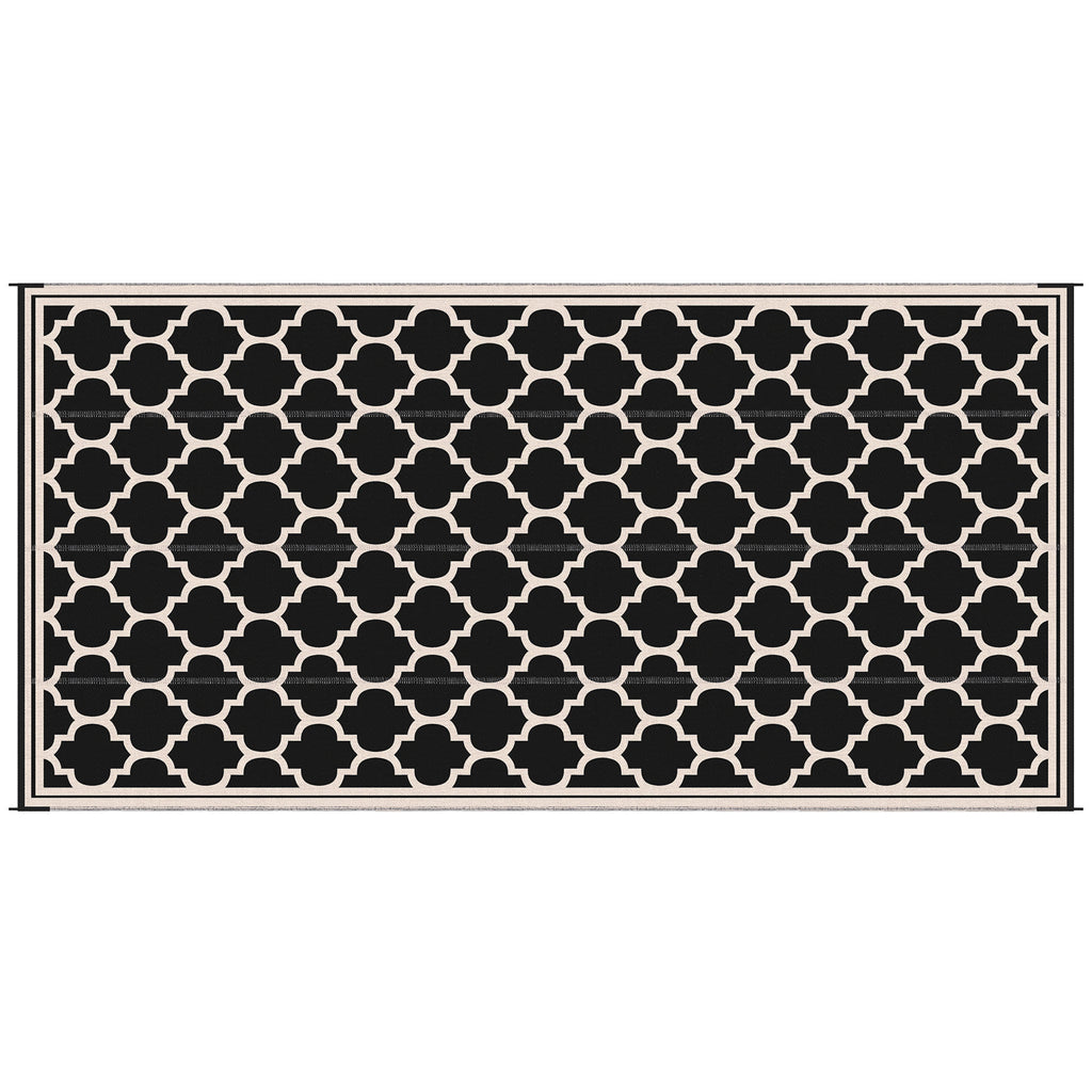 Outsunny Reversible Outdoor Rug, 9' x 18' Waterproof Plastic Straw Floor Mat, Portable RV Camping Carpet, Large Floor Mat for Backyard, Deck, Picnic, Beach, Black & Beige