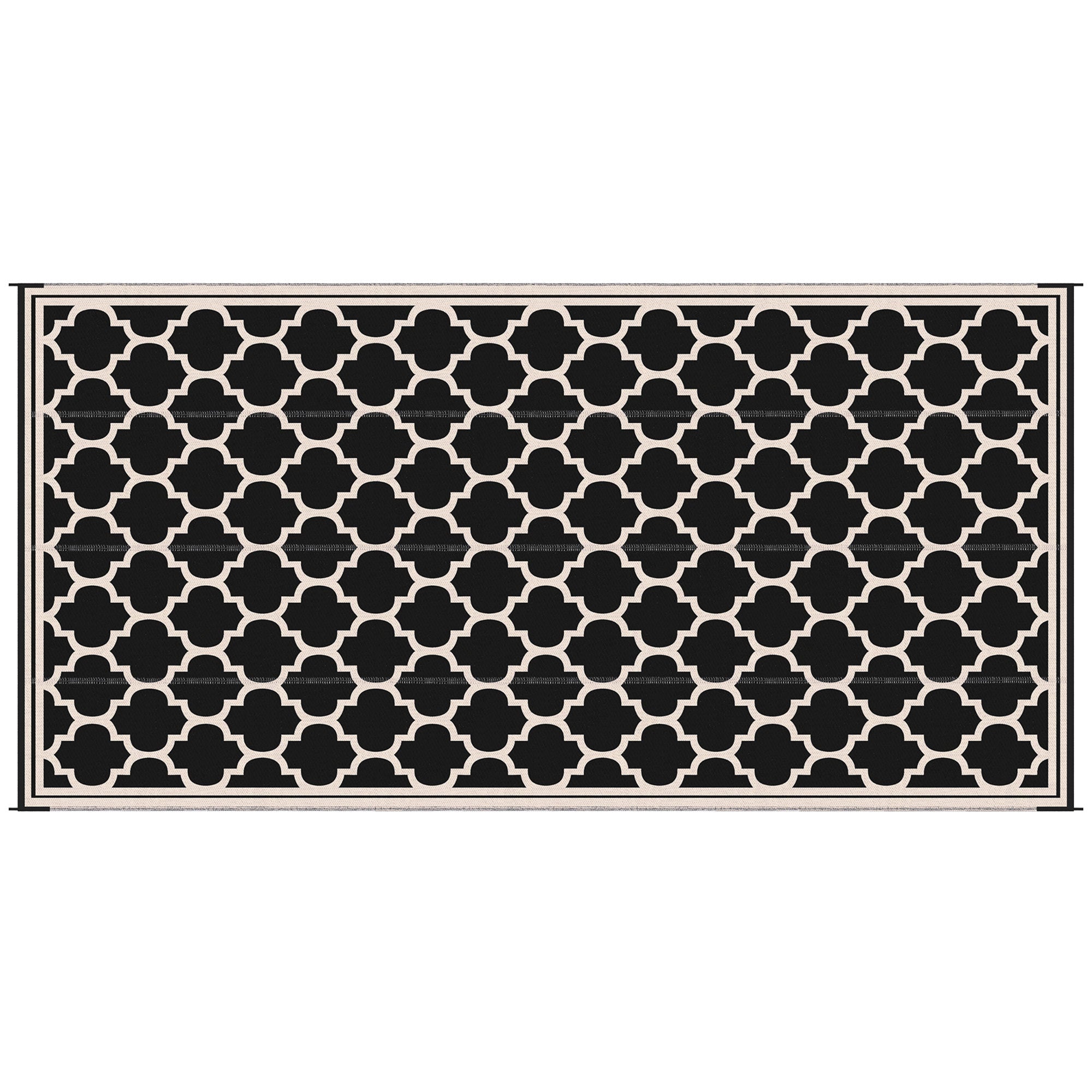 Outsunny Reversible Outdoor Rug, 9' x 18' Waterproof Plastic Straw Floor Mat, Portable RV Camping Carpet, Large Floor Mat for Backyard, Deck, Picnic, Beach, Black & Beige