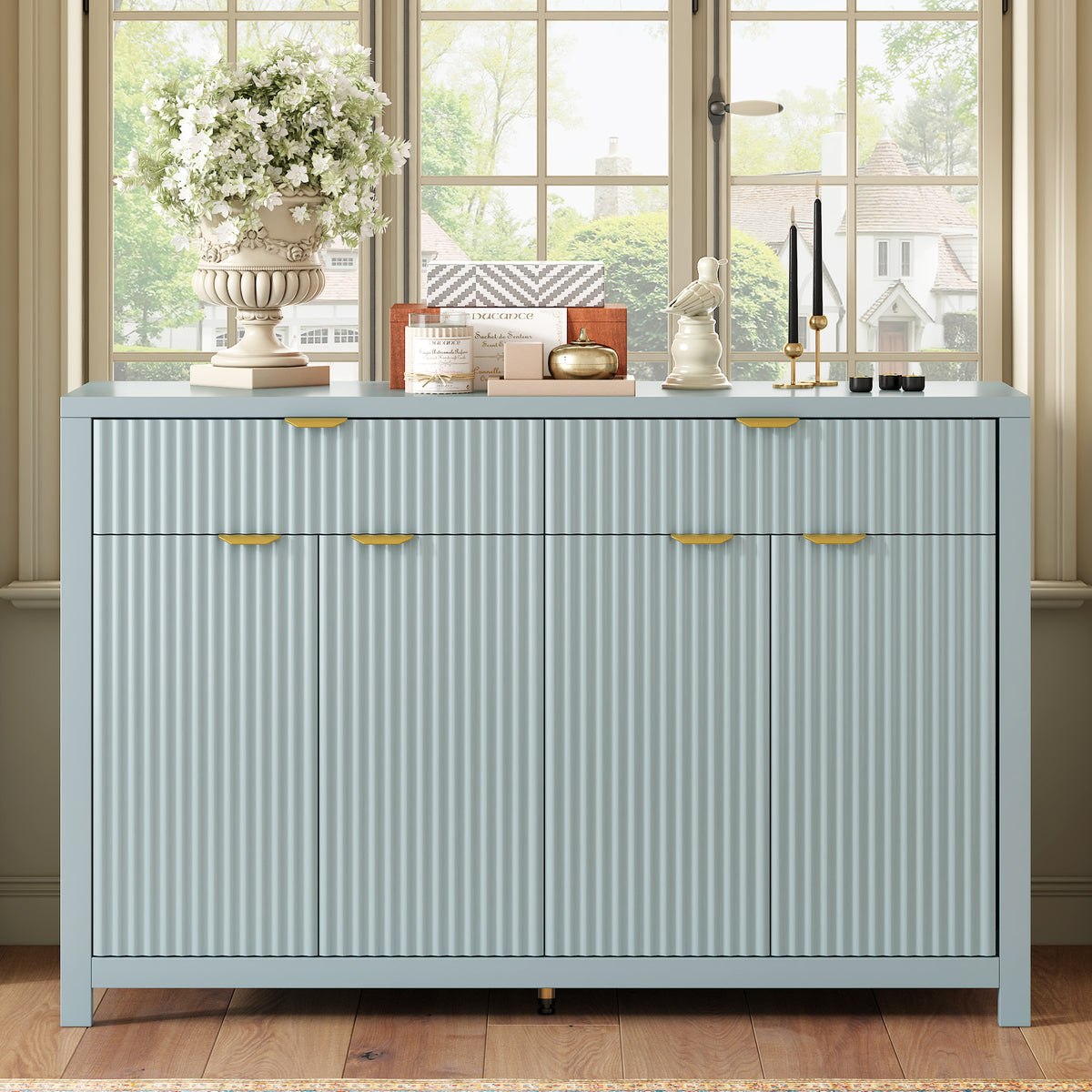 U_STYLE Modern 55.1'' Sideboard Buffet Cabinet with 2 Drawers & 4 Doors, Adjustable Shelves, Wave-Pattern Design, Aluminum Handles, Painted MDF, Scandinavian Storage for Dining Room, Living Room