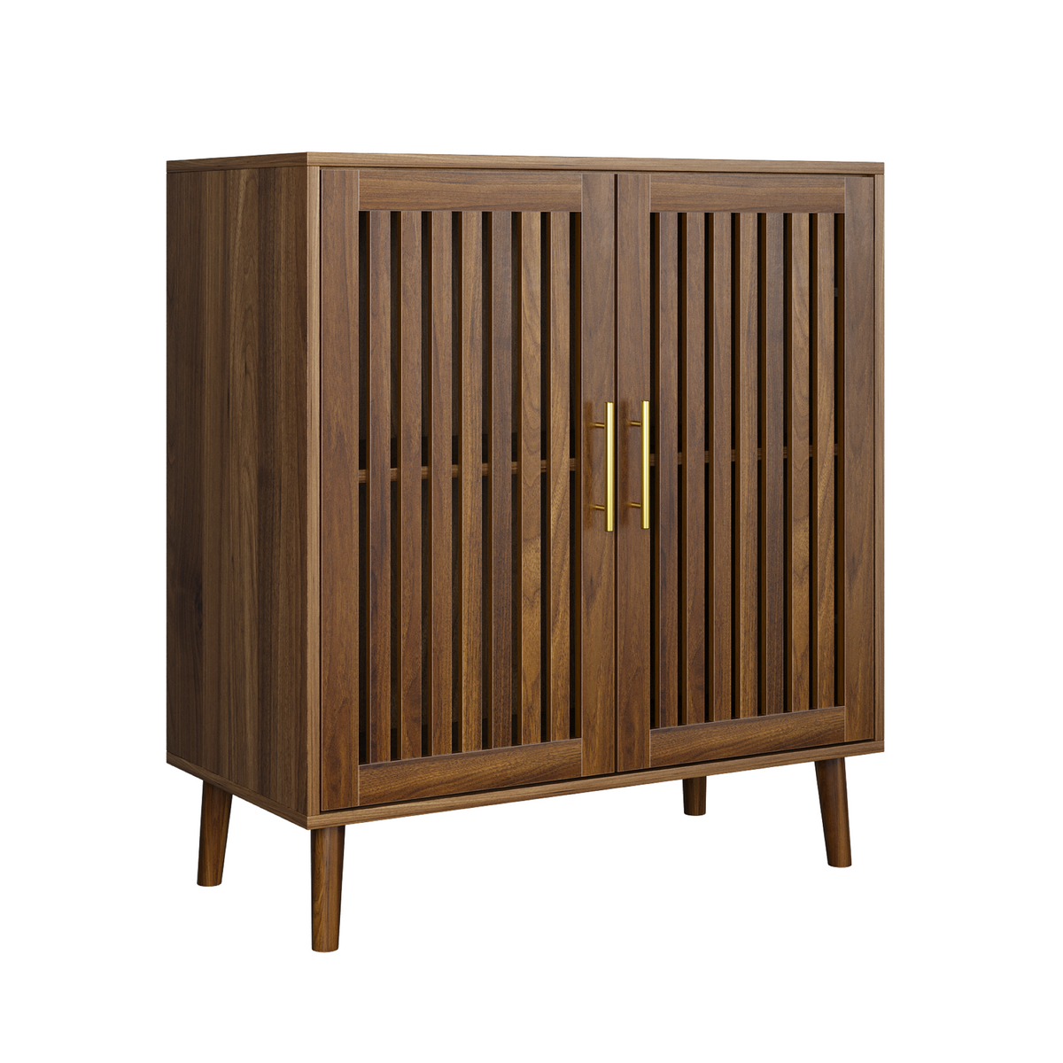 Farmhouse Walnut Sideboard Buffet Cabinet With Louvered Doors, Wood Coffee Bar Storage For Kitchen & Living Room, 31.5' W