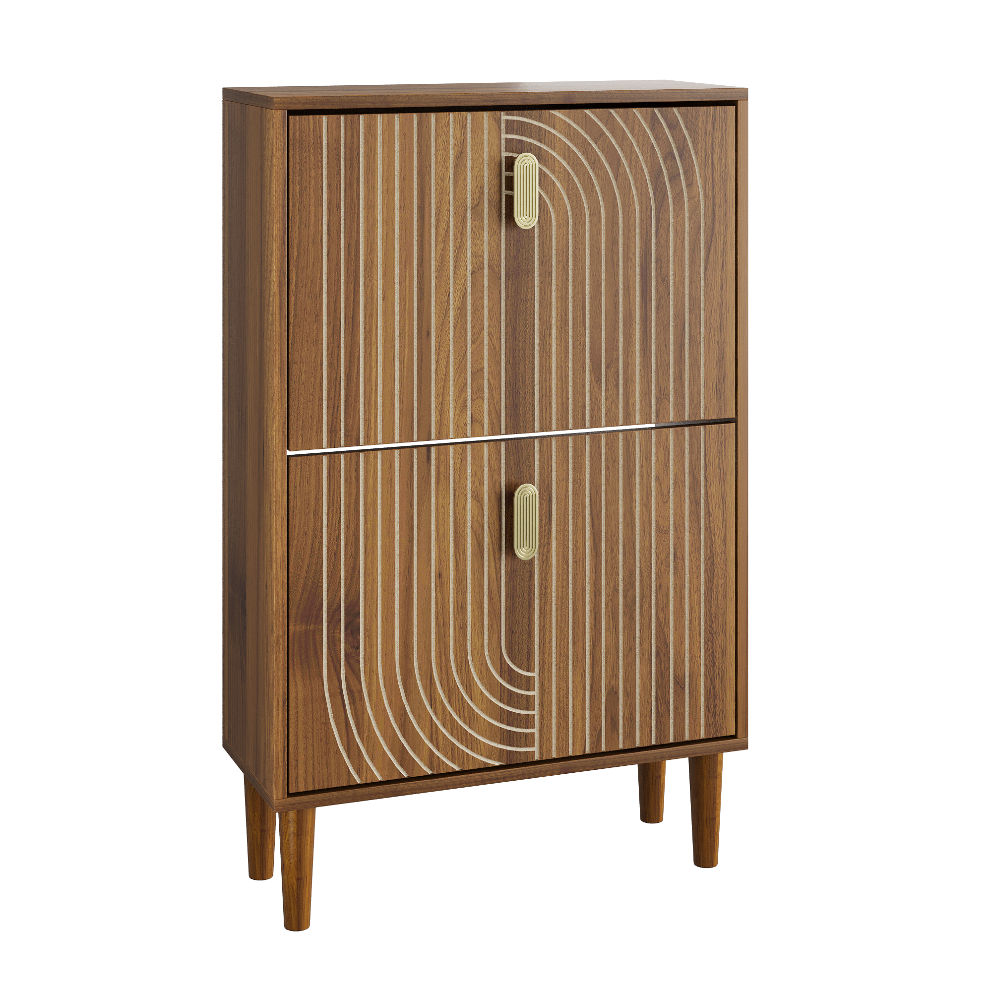Modern Minimalist Shoe Storage Cabinet with 2 Flip Drawers and Metal Handles in Gold, Particle Board MDF Pine Wood, 23.6'W