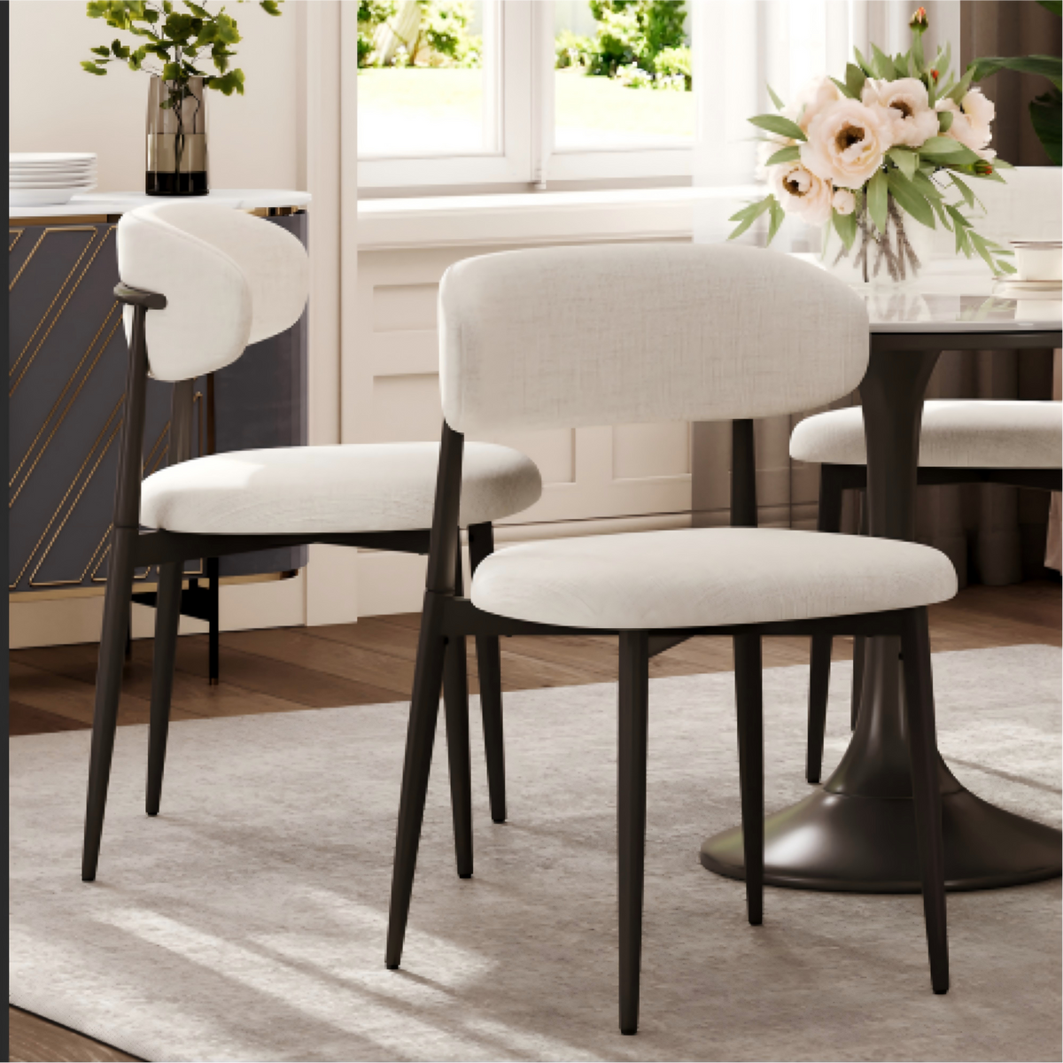 Dining Chairs Set of 2, Metal Kitchen Chairs with Modern Fabric Upholstered for Dining Room, Beige