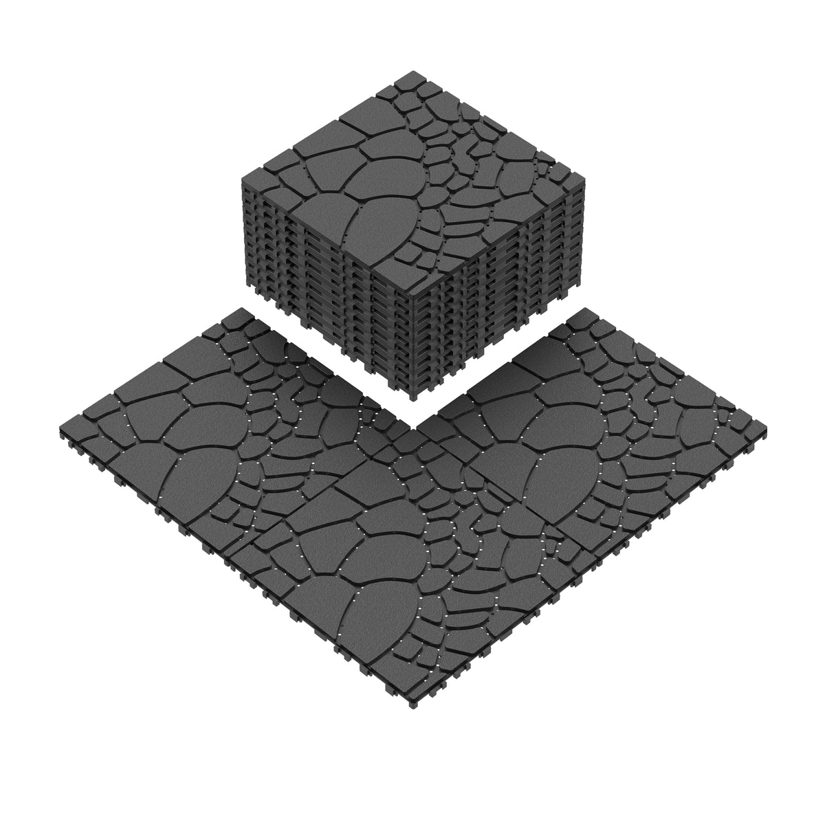 Stone Texture 12' Patio Deck Tiles, DIY Interlocking Floor Tiles in Dark Gray, Polypropylene, 44pcs Set