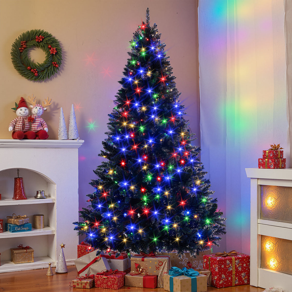 6FT Pre-lit Black Artificial Hinged Christmas Tree, Holiday Spruce Xmas Tree with 920 Branch Tips and 280 Color LED Changing Lights with 11 Lighting Modes, Holiday Decoration for Home, Office,School