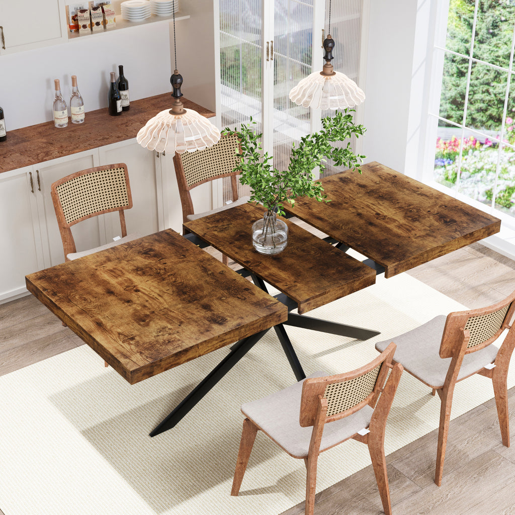 55.11'-70.86'Retro Rectangular Stretch Dining Table, Antique Wood Top And Same Color Relief Plate,With Storage Box,Suitable for dining rooms, kitchens, and living rooms, Brown