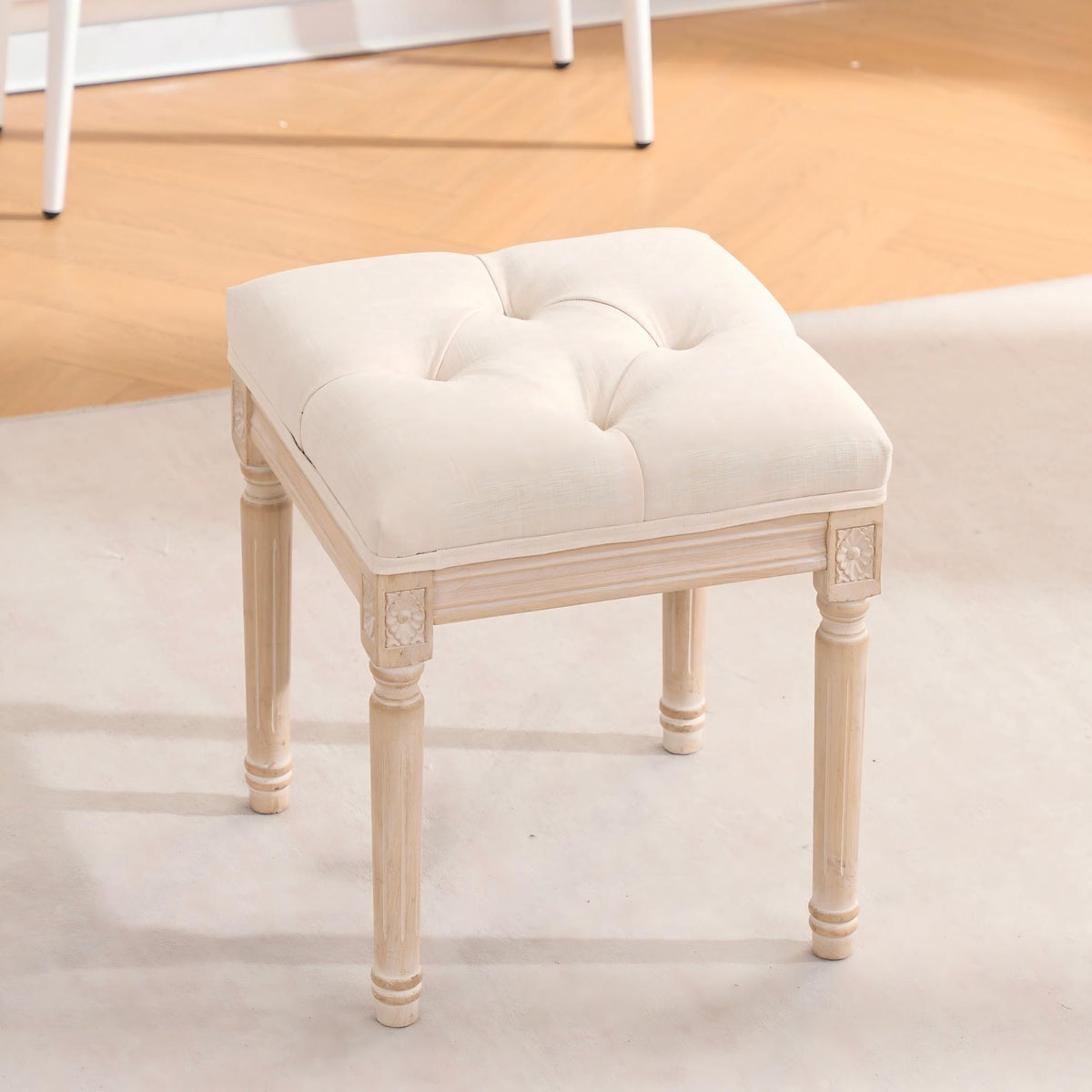 French Style Bench, Linen Fabric Entryway Bench, Upholstered Tufted End of Bed Bench with Brushed Wood Legs, Beige