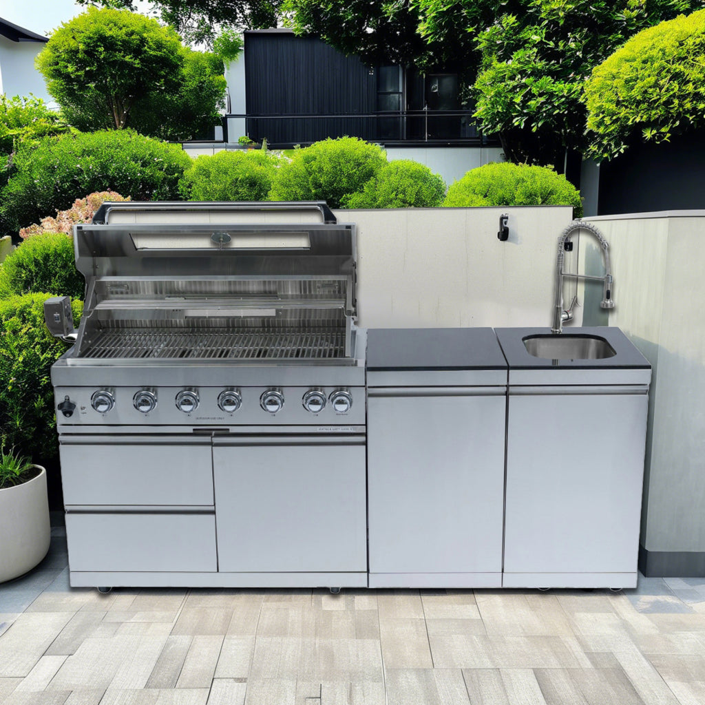 43-Inch 6-Burner 85000 BTU Deluxe Stainless Steel Gas Outdoor Kitchen Bar Barbecue Island Grill  + Rotisserie + Granite Countertops + Storage Cabinets & Drawers + Stainless Steel Sink/Faucet