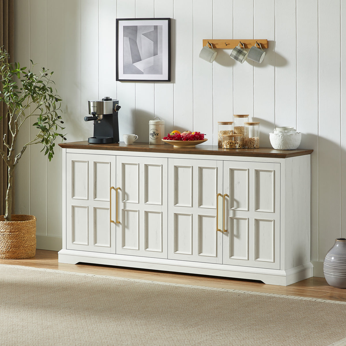 67' Large Sideboard Buffet Cabinet with Storage, Farmhouse Kitchen Buffet Cabinet Wood Coffee Wine Bar Console Table for Kitchen, Dining Room,Rustic White and Walnut.