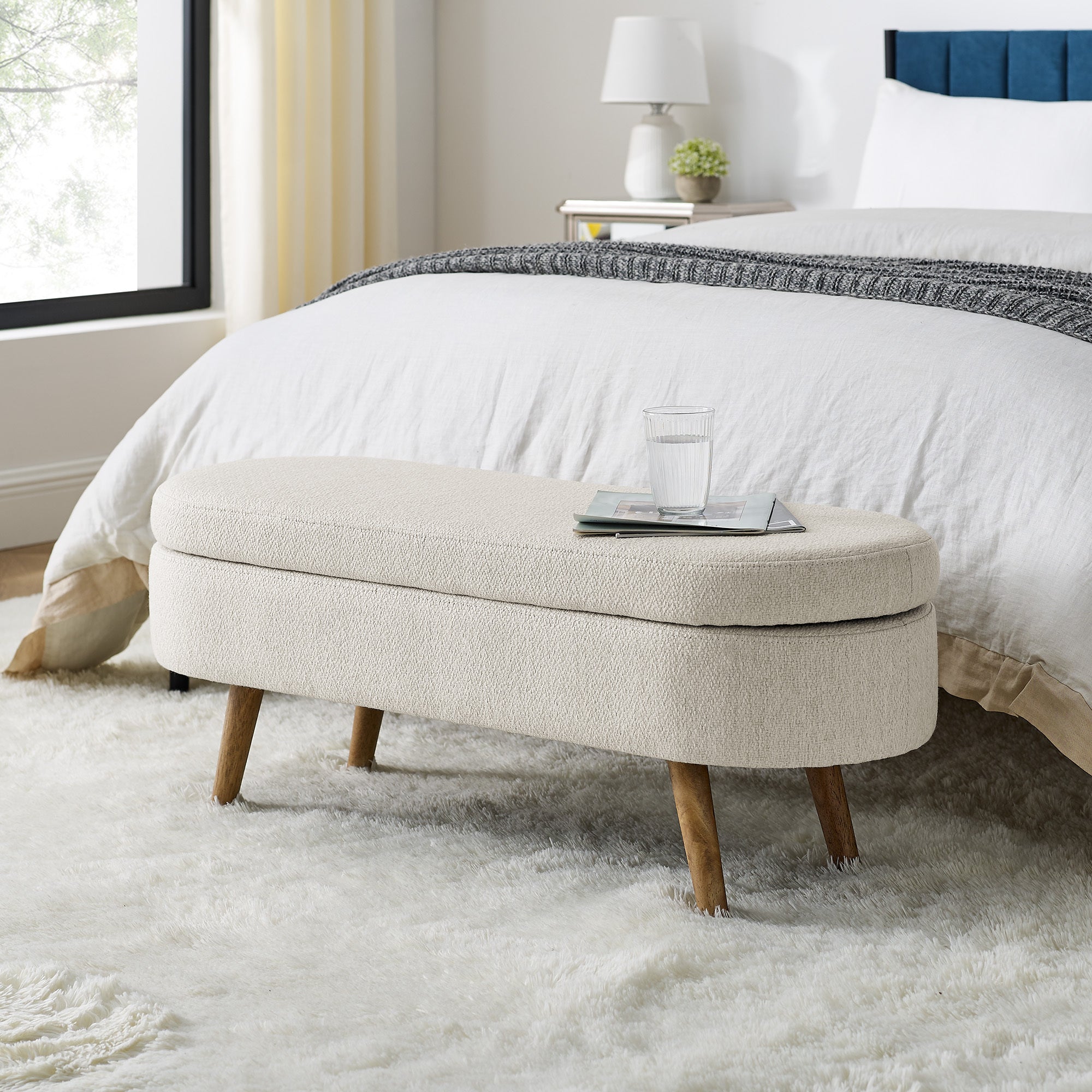 Ottoman Oval Storage Bench,Rubber Wood Legs, Beige(43.5'x16'x16')