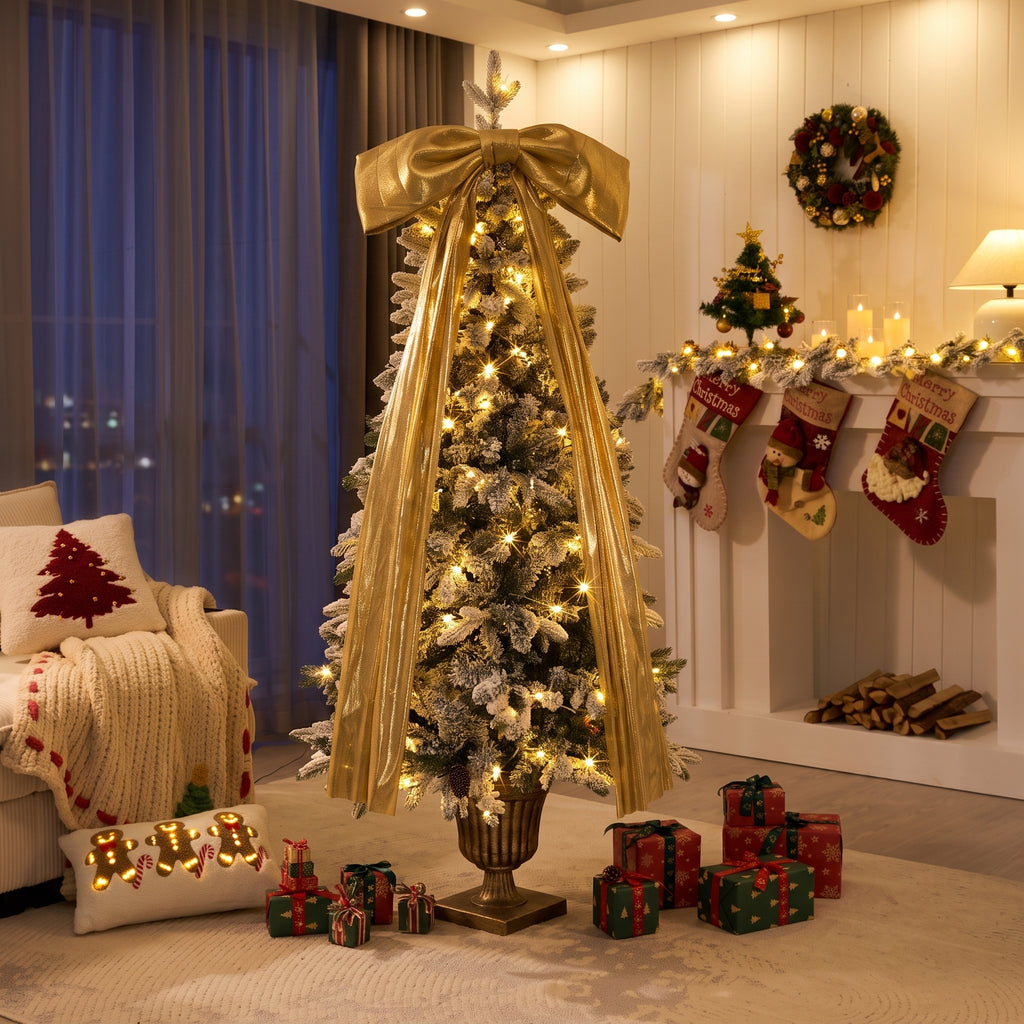 6FT Pre-Lit Flocked Christmas Tree with 42 Real Pine cones & Gold Ribbon Bows, 200 Warm White LEDs 8 Lighting Modes, 537 Tips Artificial Snow Xmas Tree in Retro Roman Urn Pot Base for Holiday Decor