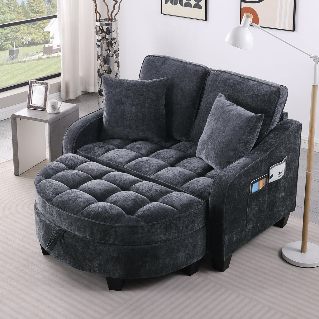 Two-seater sofa, double sofa chaise longue, with irregular armrests and backrests, footrest with storage space, comes with two small throw pillows, suitable for living room and bedroom - Black