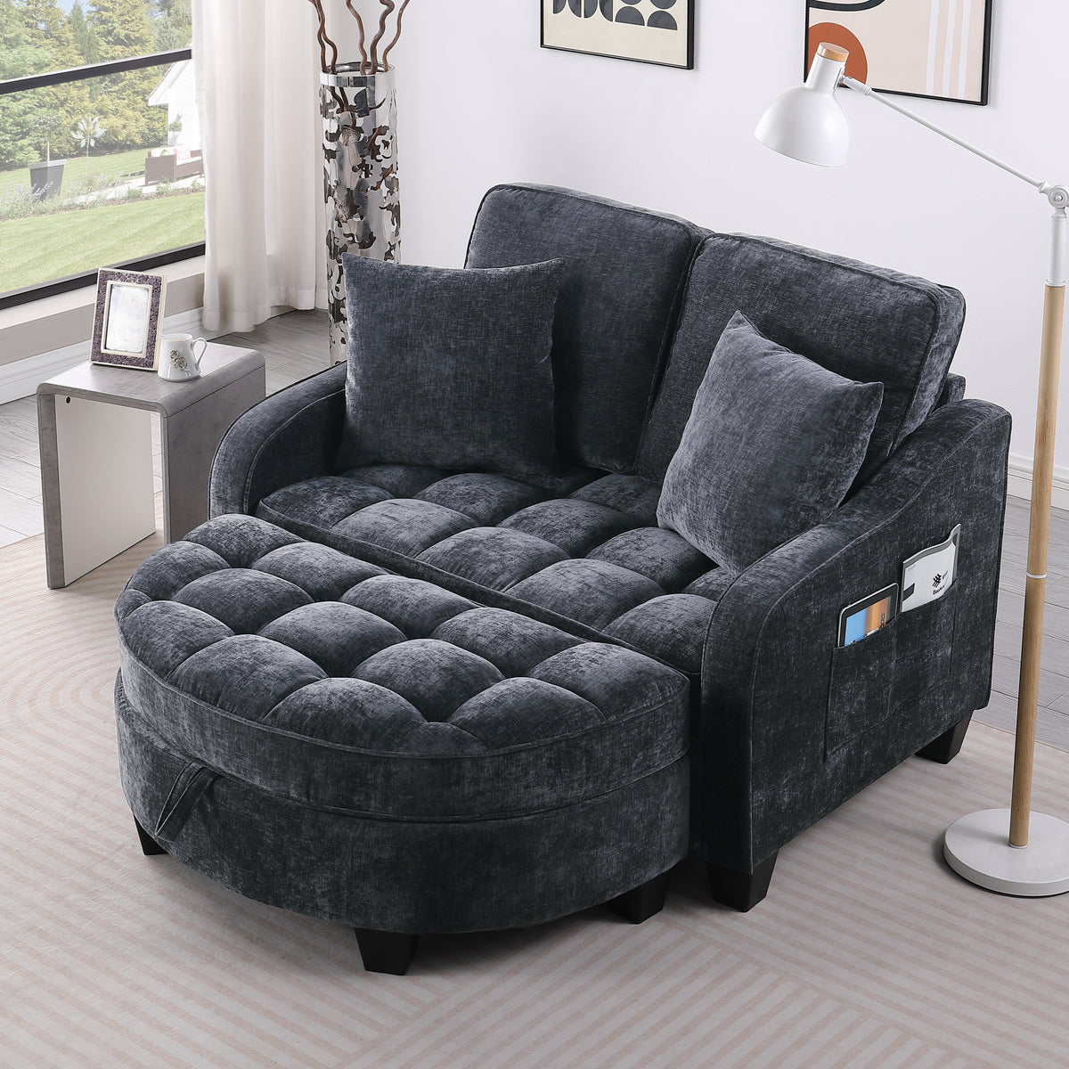 Two-seater sofa, double sofa chaise longue, with irregular armrests and backrests, footrest with storage space, comes with two small throw pillows, suitable for living room and bedroom - Black