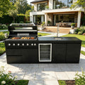101-Inch 4-Burner 72000 BTU Deluxe Stainless Steel Gas Outdoor Kitchen Bar Barbecue Island Grill + Wine Cooler Compact Refrigerator + Rotisserie kit + Granite Countertops + Stainless steel Sink