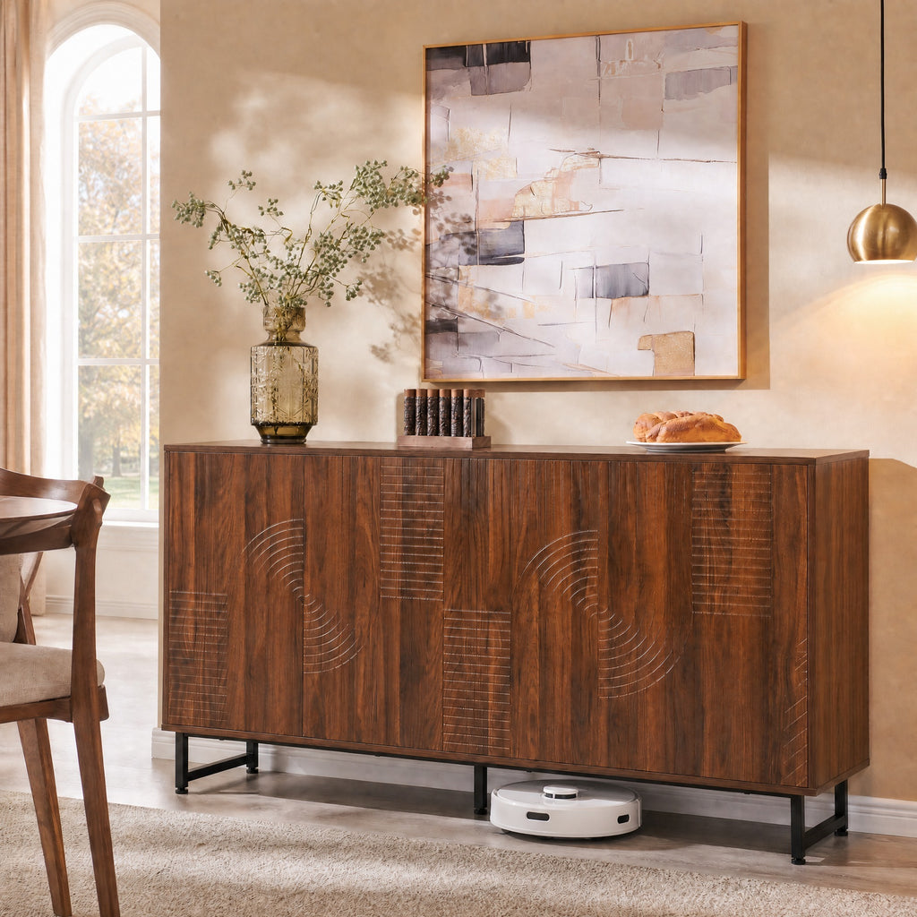 Mid-Century Modern Walnut Sideboard Buffet Cabinet, 59*16*33 inches Geometric Carved Storage Cabinet with Metal Legs, Multi-Purpose Credenza for Living Room, Dining Room, Entryway