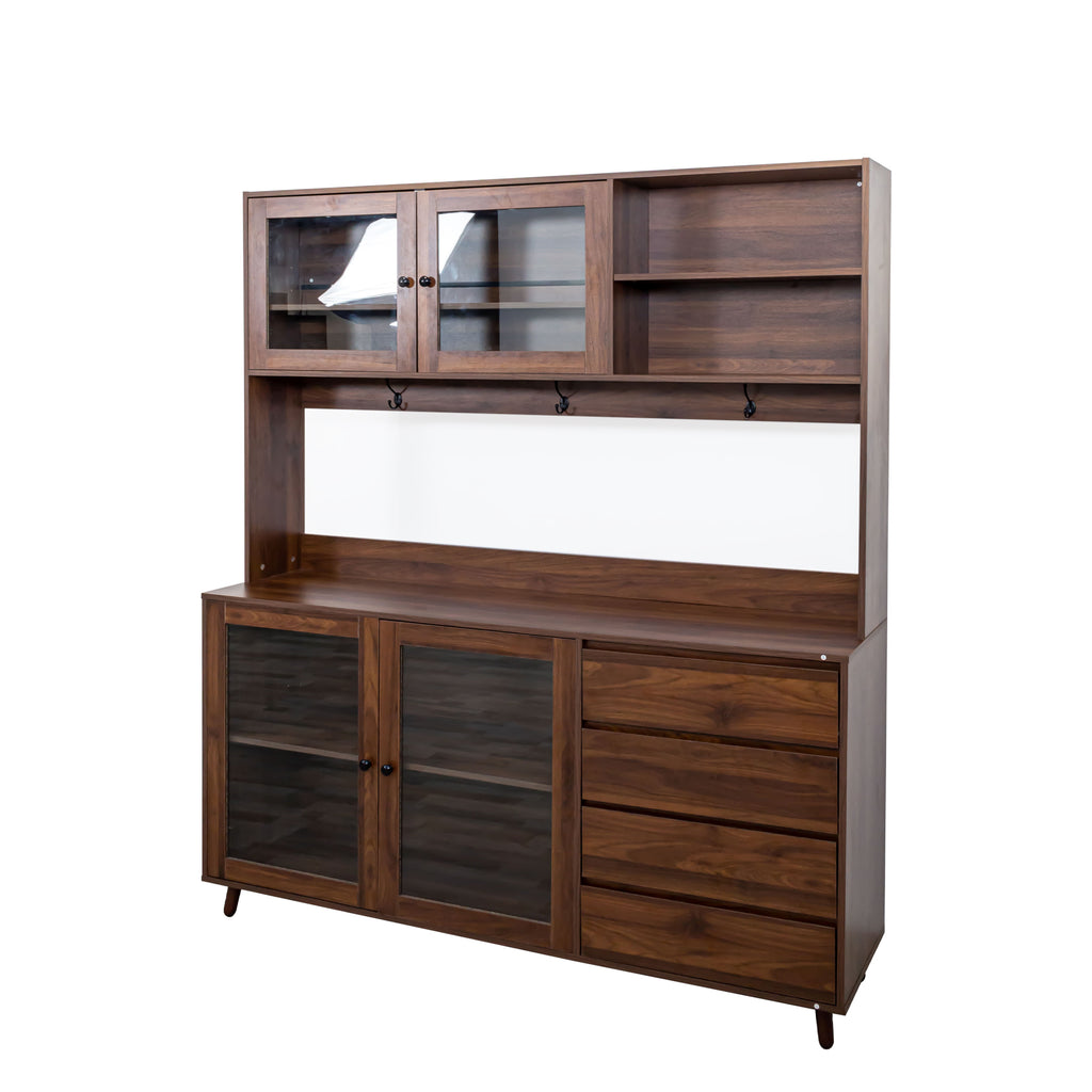 63' W Large Kitchen Hutch Cabinet, Freestanding Pantry Cabinets Storage Kitchen Cupboard with 4 Doors, 4 Drawers & Microwave Shelf, Walnut