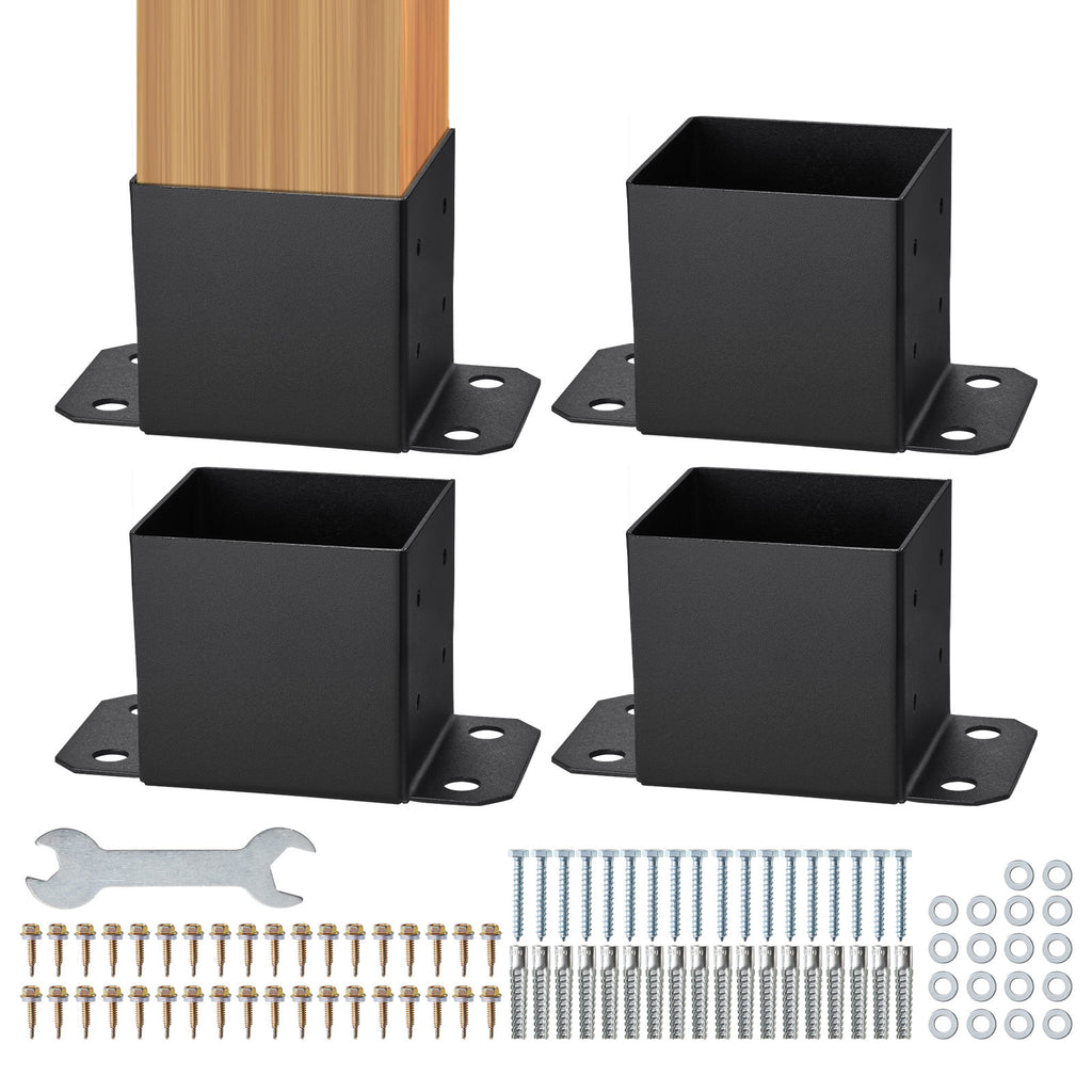 6x6 Post Base 4 Pcs, Inner Size 5.6'x5.6' Post Base Brackets, Heavy Duty Powder-Coated Post Anchor Matte Black Wood Post Brackets for Pavilion Deck Railing Support Deck Base Plate