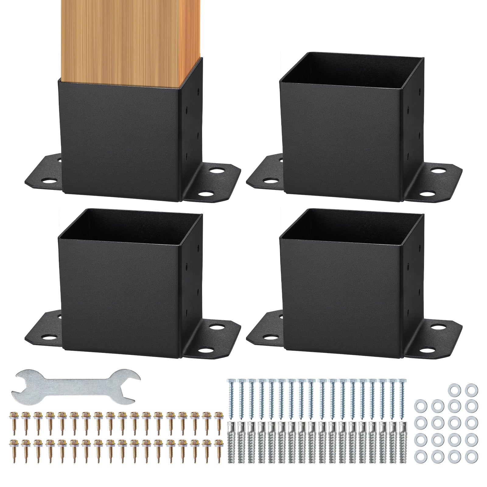 6x6 Post Base 4 Pcs, Inner Size 5.6'x5.6' Post Base Brackets, Heavy Duty Powder-Coated Post Anchor Matte Black Wood Post Brackets for Pavilion Deck Railing Support Deck Base Plate