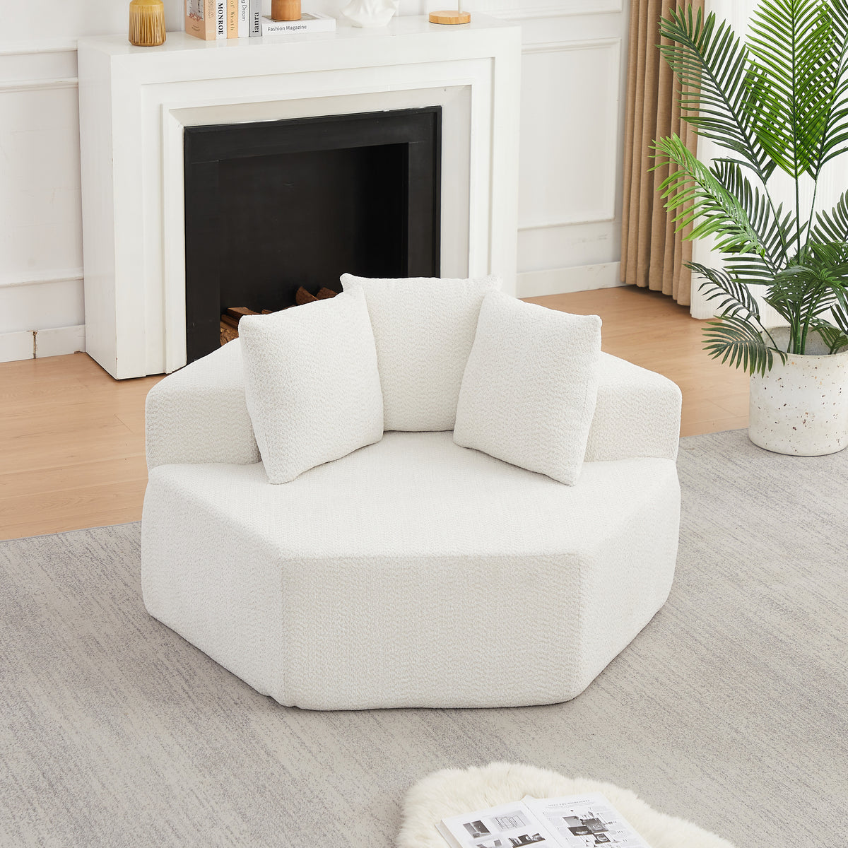 54-inch Modern-style hexagonal single lounge chair, featuring versatile arrangements and a modular design; this chenille-upholstered sofa is ideal for lounges, game rooms, living rooms, and bedrooms.