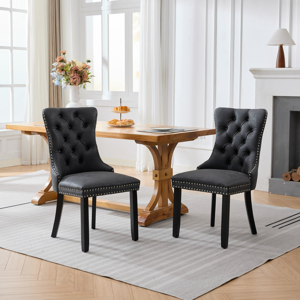 Dining Room Chairs Set of 2,Vintage Sheepskin Texture PU Leather,High Back with Button Tufted & Nailhead Trim,Wood Frame,S-Spring & Resilient Sponge Cushion,Ideal for Kitchen,Charcoal Black,SW1101BK