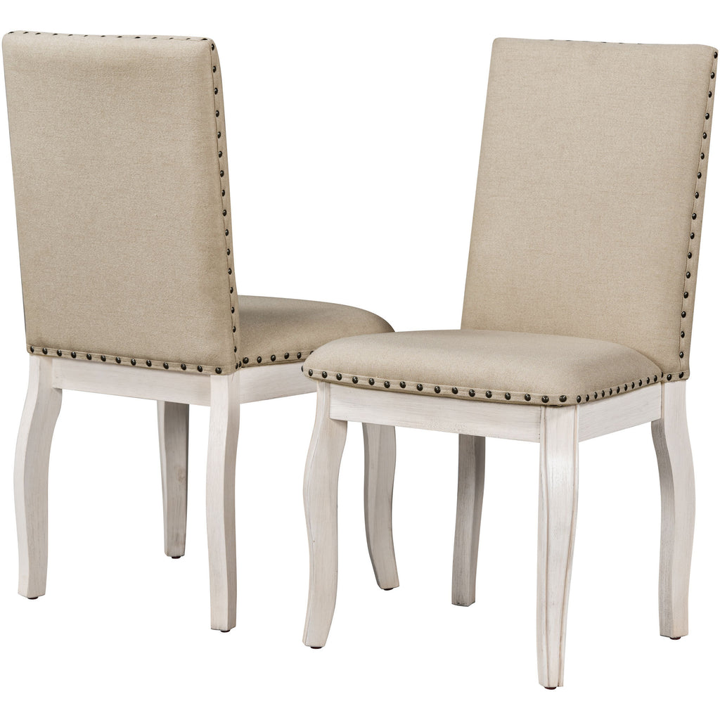 TREXM Set of 2 Wood Upholstered Dining Chairs with Nailhead in Oak Natural Wood and Antique White Fabric, 38L x 21W x 18.75H Inches