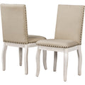 TREXM Set of 2 Wood Upholstered Dining Chairs with Nailhead in Oak Natural Wood and Antique White Fabric, 38L x 21W x 18.75H Inches