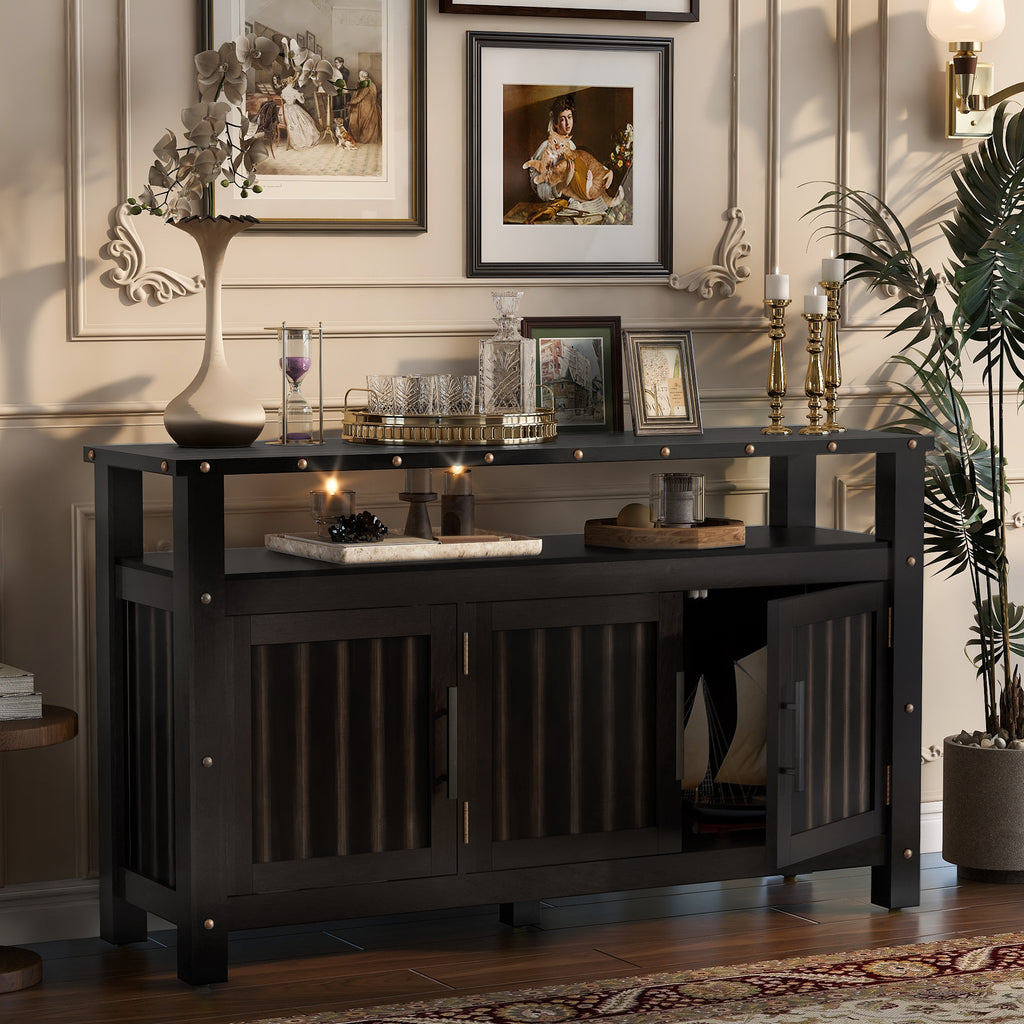 U_STYLED 55.1''Pine Wood Buffet Cabinet With 3-door Storage, Sideboard Cabinet with Dual Storage areas,Coffee Bar With Metal Handles And Exposed Metal Rivets For Dining Room, Kitchen, Living Room
