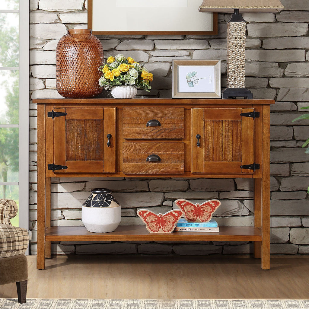 46'' Solid Wood Sideboard Console Table with 2 Drawers and Cabinets and Bottom Shelf, Retro Style Storage Dining Buffet Server Cabinet for Living Room Kitchen Dining Room(Brown)