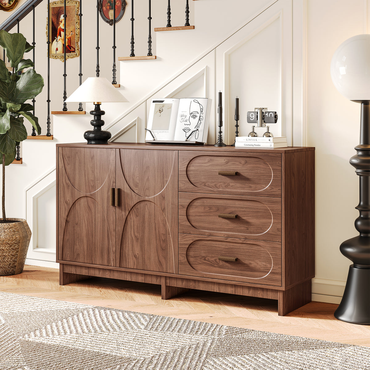 59.1' Sideboard Buffet Cabinet with 2 Doors & 3 Drawers, Walnut Finish with Oval Grain Texture, Farmhouse Storage Sideboard for Dining Room, Living Room, Hallway, Easy Assembly