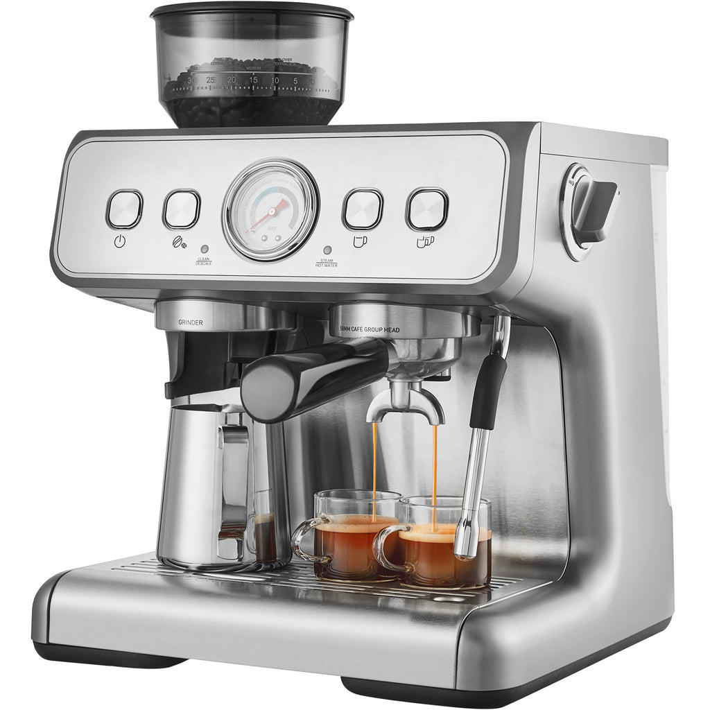 Espresso Machine with Grinder, 15 Bar Semi-Automatic Espresso Coffee Maker with Milk Frother Steam Wand, Removable Water Tank & Pressure Gauge for Cappuccino, Latte, Machiato, PID Control System