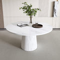 47 inch Round MDF Dining Table for 4, Modern Farmhouse Kitchen Table with Wood Strip Base, Marble Veneer Circle Dinner Table for Kitchen and Living Room