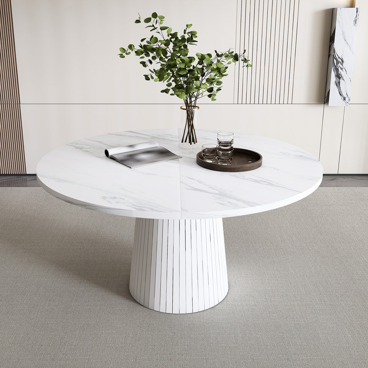 47 inch Round MDF Dining Table for 4, Modern Farmhouse Kitchen Table with Wood Strip Base, Marble Veneer Circle Dinner Table for Kitchen and Living Room