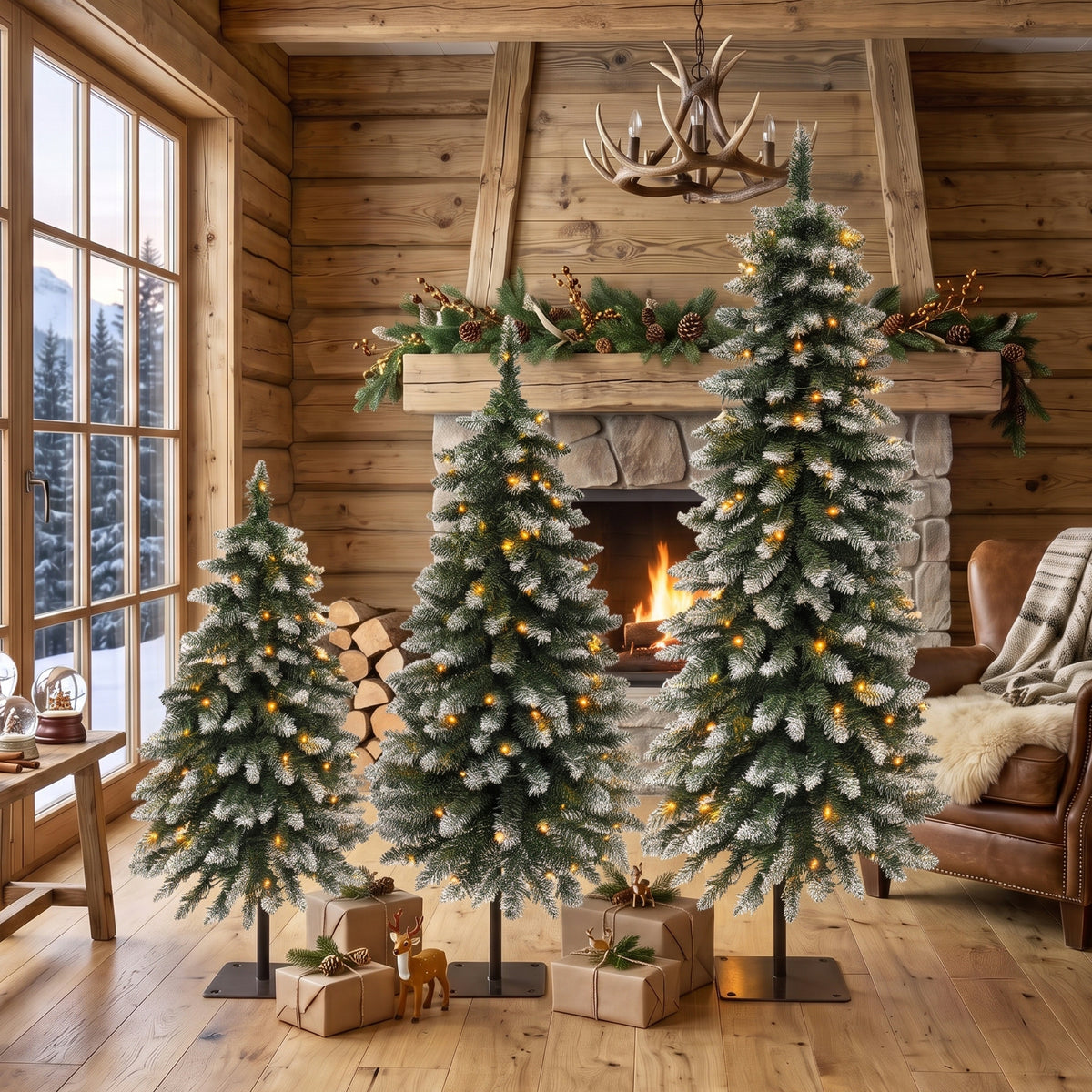 3‑Pack Pre‑Lit Snow Flocked Pencil Christmas Tree Set, 3FT/ 4FT/ 5FT Slim Artificial Xmas Trees with Warm LED Lights & Metal Flat Base for Porch Entryway Holiday Home Decor