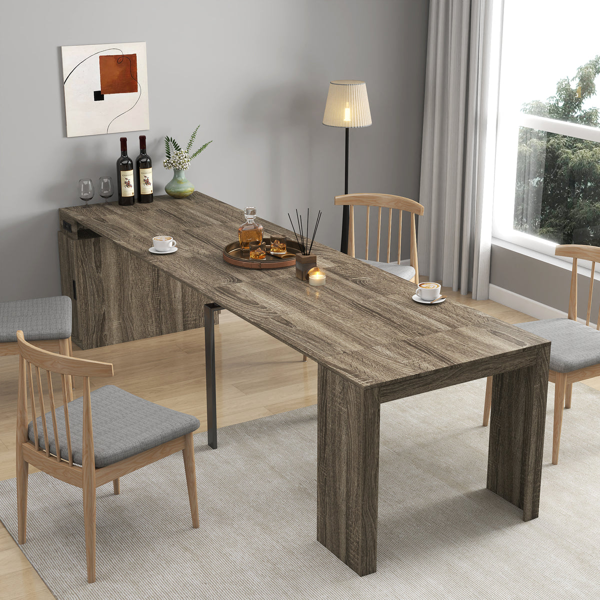 Modern Multifunctional Extendable Dining Table with Outlet, Space Saving Expanding Table with Storage for Party, Weddings, Meetings, Celebrations