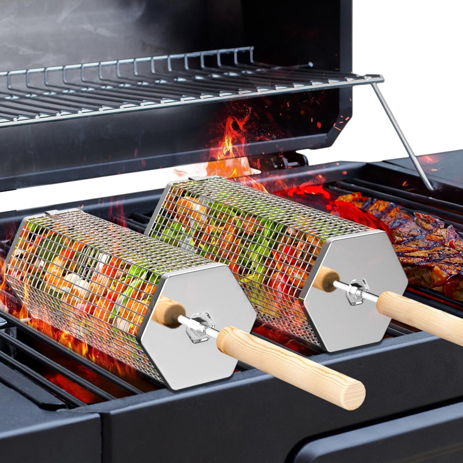 Stainless Steel Rolling Grill Basket With Removable Wooden Handle