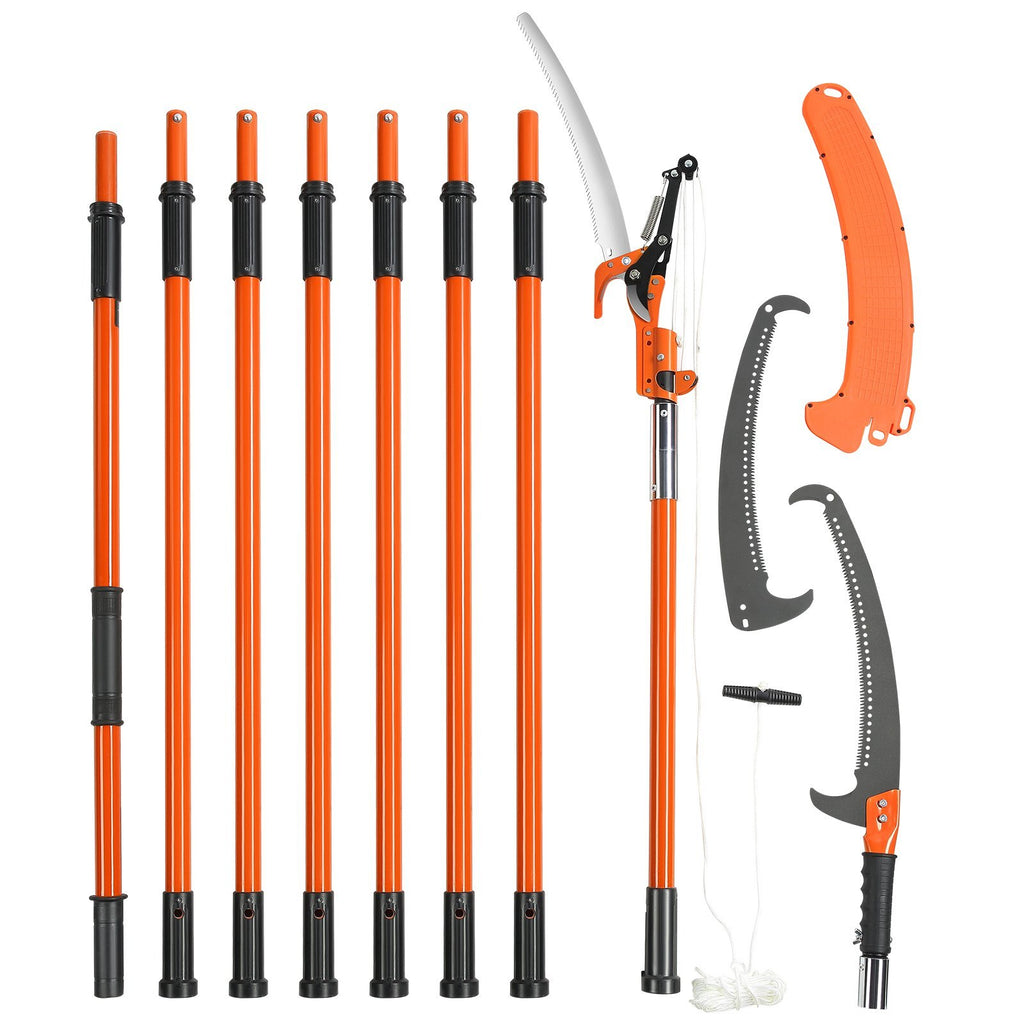 Manual Pole Saw, 7.3-27 ft Extendable Tree Pruner, Sharp Steel Blade and Scissors High Branches Trimming, Branch Trimmer with Lightweight 8 Fiberglass Handles, for Pruning Palms and Shrubs