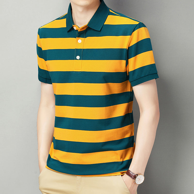 Men's Short Sleeve T-Shirt Pure Cotton Casual Striped Polo Shirt