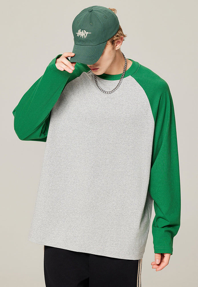 Contrast color loose long-sleeved cotton T-shirt